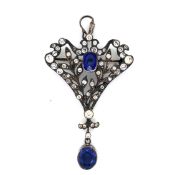 AN ANTIQUE EDWARDIAN BELLE EPOCH COBALT BLUE SYNTHETIC SPINEL AND PASTE PENDANT STAMPED 935. THE