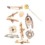 SEVEN ANTIQUE BROOCHES AND ONE OTHER, TOGETHER WITH A SILVER STICK PIN AND TWO FOBS. SOME PIECED