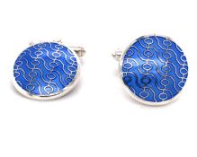 A PAIR OF DESIGNER CONTEMPORARY HALLMARKED SILVER AND ENAMEL CUFFLINKS BY SHAPIRO. WEIGHT 12.08grms.