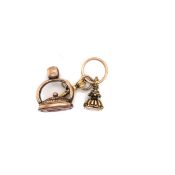 A 14ct GOLD ANTIQUE SMALL SEAL FOB WITH HARDSTONE INITIAL SEAL MJA, TOGETHER WITH A 14ct GOLD