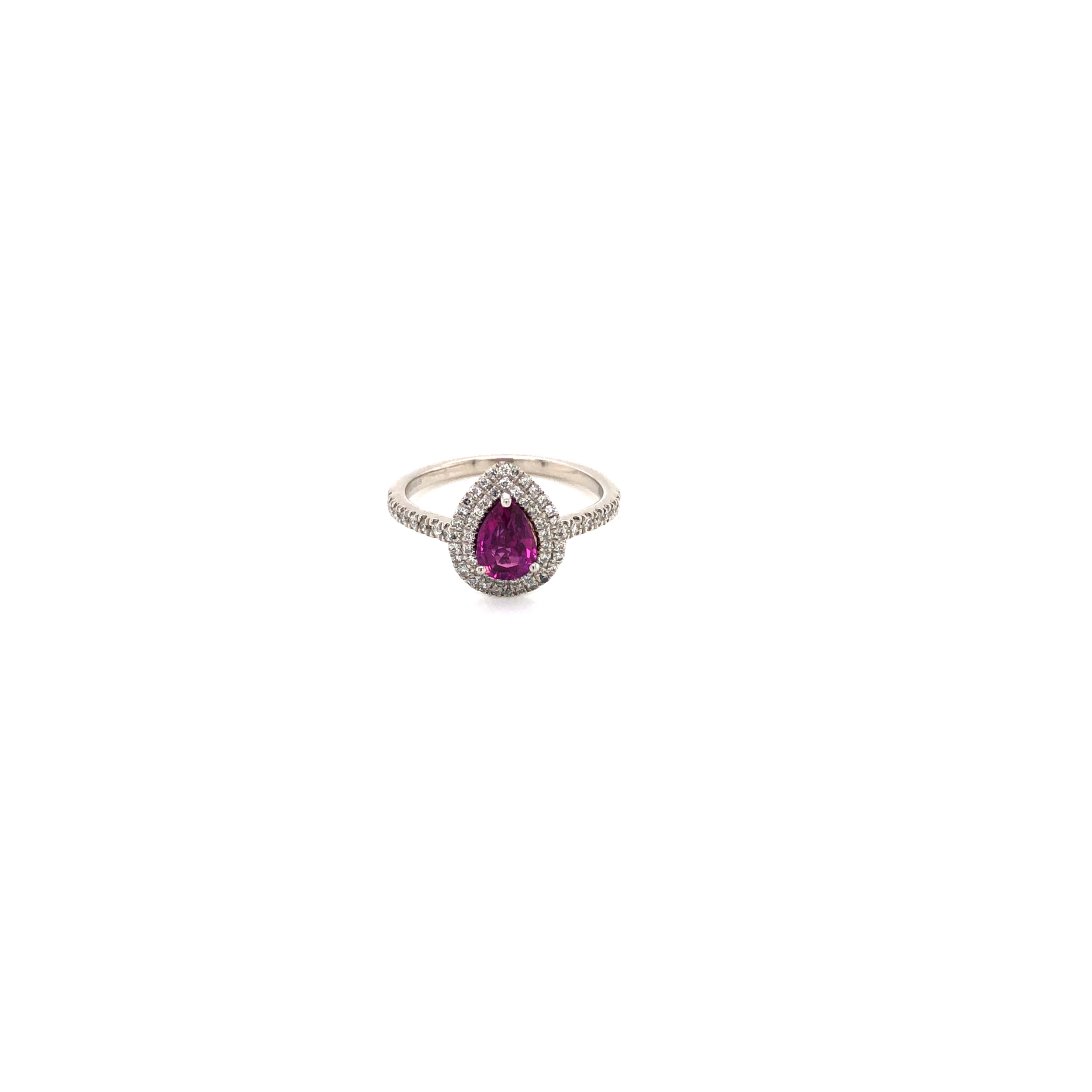 A PLATINUM 950 HALLMARKED TEARDROP PINK SAPPHIRE AND DIAMOND HALO SET RING. THE PINK SAPPHIRE 6.5 - Image 3 of 3