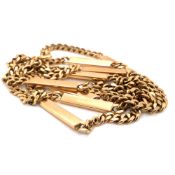 A 9ct HALLMARKED GOLD CURB AND BAR CHAIN. LENGTH 77cms. WEIGHT 41.4grms.