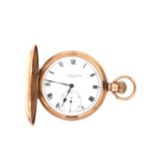 A 9ct GOLD HALLMARKED FULL HUNTER POCKET WATCH. THE WHITE DIAL SIGNED THOS RUSSELL & SON, LIVERPOOL,
