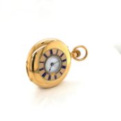 AN 18K STAMPED ANTIQUE GOLD AND ENAMEL DEMI HALF HUNTER SMALL POCKET WATCH. THE REVERSE WITH BLUE