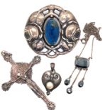 AN ARTS AND CRAFTS BLUE HARDSTONE FOLIATE BROOCH, THE REVERSE STAMPED 800, DKS, TOGETHER