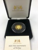 A 2020 75th ANNIVERSARY OF VE DAY QUARTER OUNCE GOLD PROOF COIN. 22ct GOLD, 22.5mm DIAMETER, OBVERSE