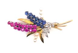 A VINTAGE 9ct GOLD AND PLATINUM HALLMARKED PINK AND BLUE SAPPHIRE, PEARL AND DIAMOND FLORAL SPRAY