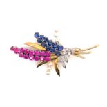 A VINTAGE 9ct GOLD AND PLATINUM HALLMARKED PINK AND BLUE SAPPHIRE, PEARL AND DIAMOND FLORAL SPRAY