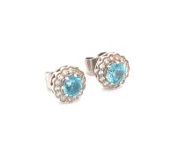 A PAIR OF VINTAGE BLUE ZIRCON AND DIAMOND STUD EARRINGS. THE ROUND BRILLIANT CUT BLUE ZIRCONS IN