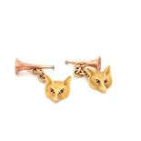 A PAIR OF VINTAGE 9ct HALLMARKED GOLD FOX MASKS WITH RUBY EYES AND HUNTING HORN CHAIN LINK