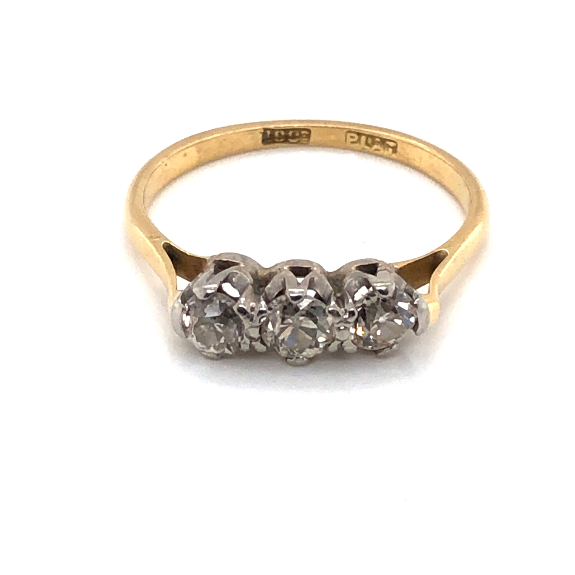 A DIAMOND THREE STONE OLD CUT RING. THE INSIDE SHANK STAMPED 18ct PLAT AND ASSESSED AS AN 18ct - Image 6 of 9