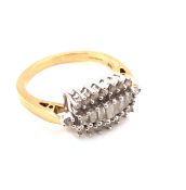 A 9ct YELLOW GOLD HALLMARKED MULTI DIAMOND HORIZONTAL CLUSTER RING. OVERALL HEAD SIZE 1.7cms x 1.