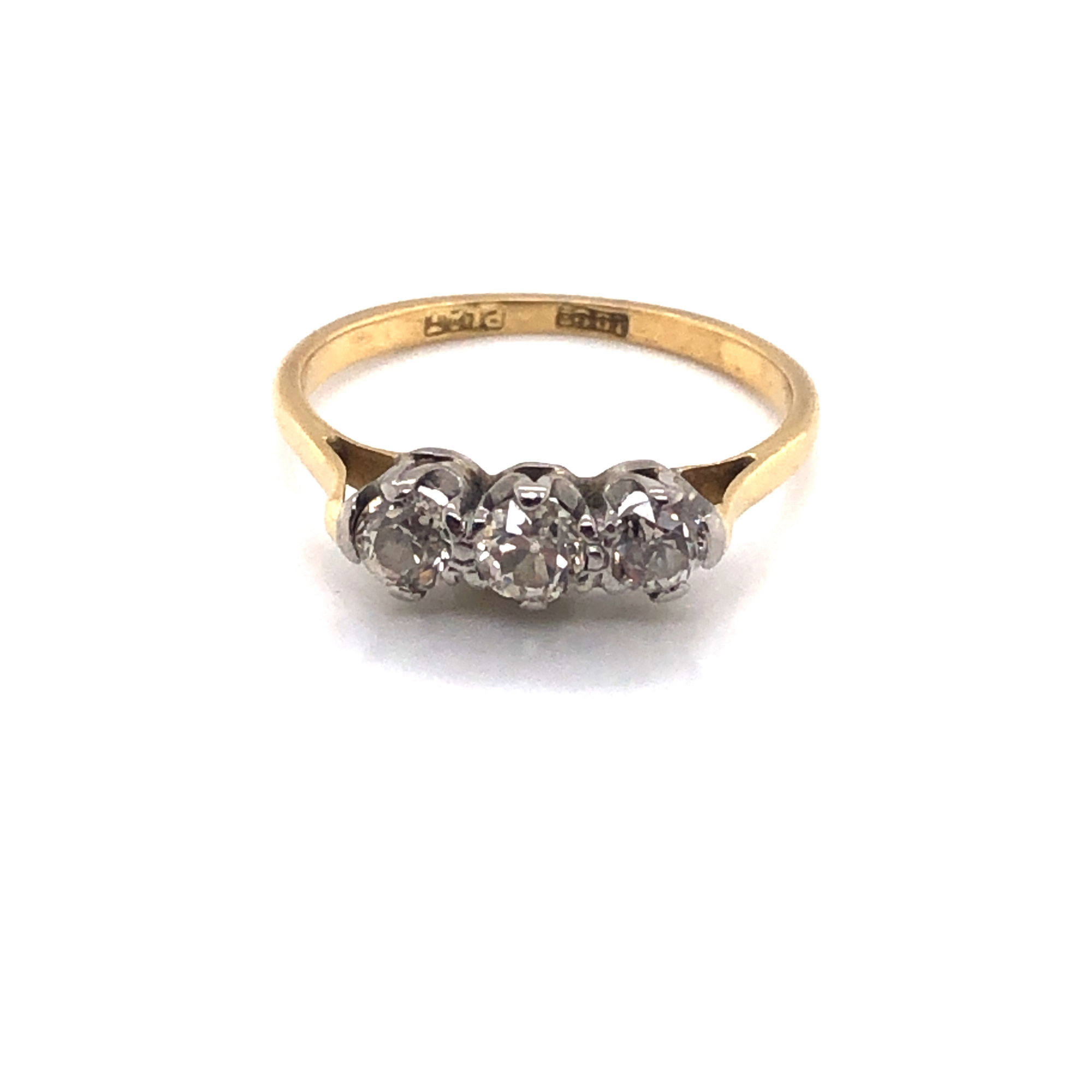 A DIAMOND THREE STONE OLD CUT RING. THE INSIDE SHANK STAMPED 18ct PLAT AND ASSESSED AS AN 18ct - Image 3 of 9