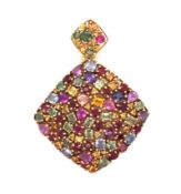 A 9ct YELLOW GOLD HALLMARKED LARGE MULTI GEM ARTICULATED PENDANT. THE GEM STONES CONSISTING OF