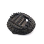 A VICTORIAN BOG OAK BROOCH DEPICTING A CASTLE RUIN, PROBABLY ROSS CASTLE IN KILLARNEY MEASUREMENTS