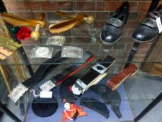 A COLLECTION OF SCOTTISH AND OTHER MILITARY CLOTHING, COMPRISING: A PAIR OF BUCKLED BROGUE SHOES,