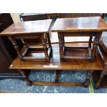 A PAIR OF OAK BESPOKE JOINT STOOLS EN SUITE WITH A COFFEE TABLE. W 105 x D 48 x H 46cms.