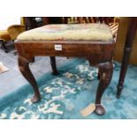 A GEORGE III MAHOGANY STOOL WITH NEEDLE WORKED DROP IN SEAT, CABRIOLE LEGS AND PAD FEET