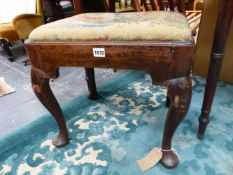 A GEORGE III MAHOGANY STOOL WITH NEEDLE WORKED DROP IN SEAT, CABRIOLE LEGS AND PAD FEET