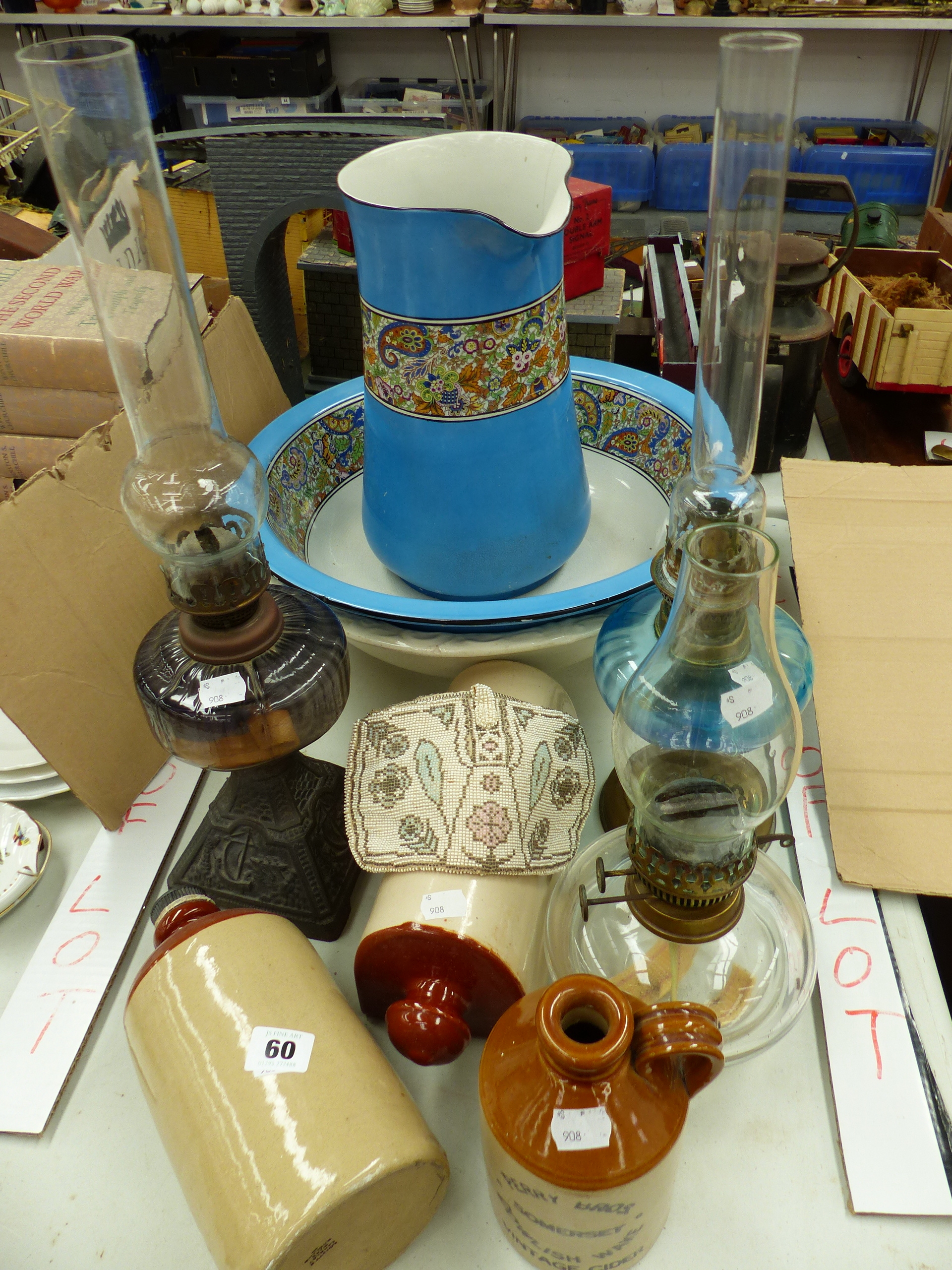 OIL LAMPS, WASH JUG AND BOWL ETC.