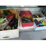 VARIOUS TOY TRAINS AND STOCK, TRACK, AND ASSORTED VEHICLES.