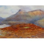 MARY MORTON (EARLY 20th C. ENGLISH SCHOOL) A HIGHLAND LAKE VIEW, SIGNED WATERCOLOUR. 24 x 35cms