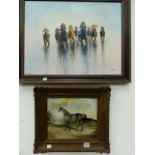 A NAIVE OIL PAINTING OF A HORSE IN A LANDSCAPE, 26 x 31cms TOGETHER WITH A CONTEMPORARY SCENE OF A