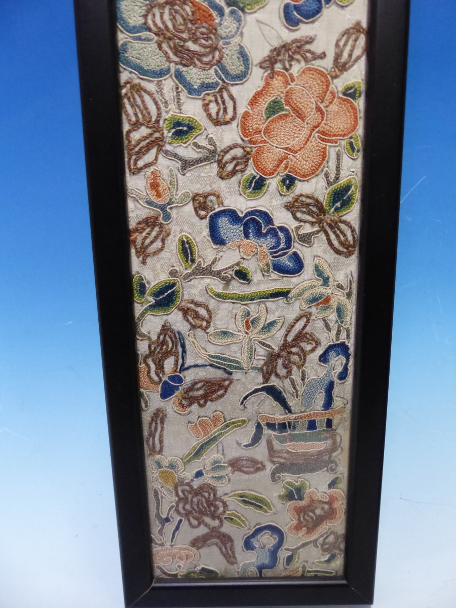 THREE CHINESE SLEEVE PANELS VARIOUSLY SILK EMBROIDERED WITH FLOWERS, BUTTERFLIES, PAVILIONS AND - Image 18 of 18