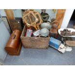 A VINTAGE SINGER SEWING MACHINE, VARIOUS LANTERNS, AN EASTERN BRASS VESSEL, TENNIS RACQUETS,