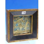 A 19th C. CUT WORK CREAM PAPER DIORAMA OF THREE PEACOCKS ON AND ABOUT A FENCE IN A FLOWER GARDEN,