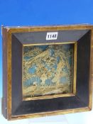 A 19th C. CUT WORK CREAM PAPER DIORAMA OF THREE PEACOCKS ON AND ABOUT A FENCE IN A FLOWER GARDEN,