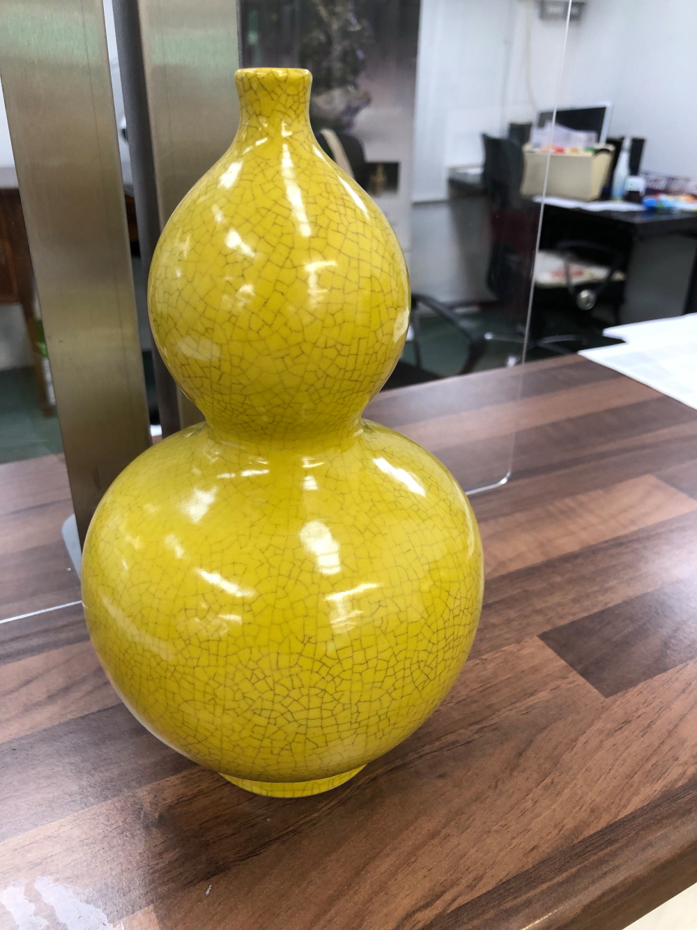 AN ORIENTAL DOUBLE GOURD VASE WITH YELLOW GLAZE. - Image 3 of 15