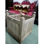 A PAIR OF TEAK ORANGE TREE TUBS WITH BALL FINIALS AT THE CORNERS OF THE SQUARE SIDES. W 45 x D 45