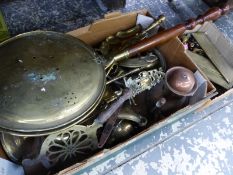 18th.C. BRASS BED WARMING PAN, VARIOUS OTHER BRASS WARES, FURNITURE HANDLES ETC.