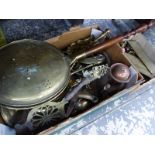 18th.C. BRASS BED WARMING PAN, VARIOUS OTHER BRASS WARES, FURNITURE HANDLES ETC.