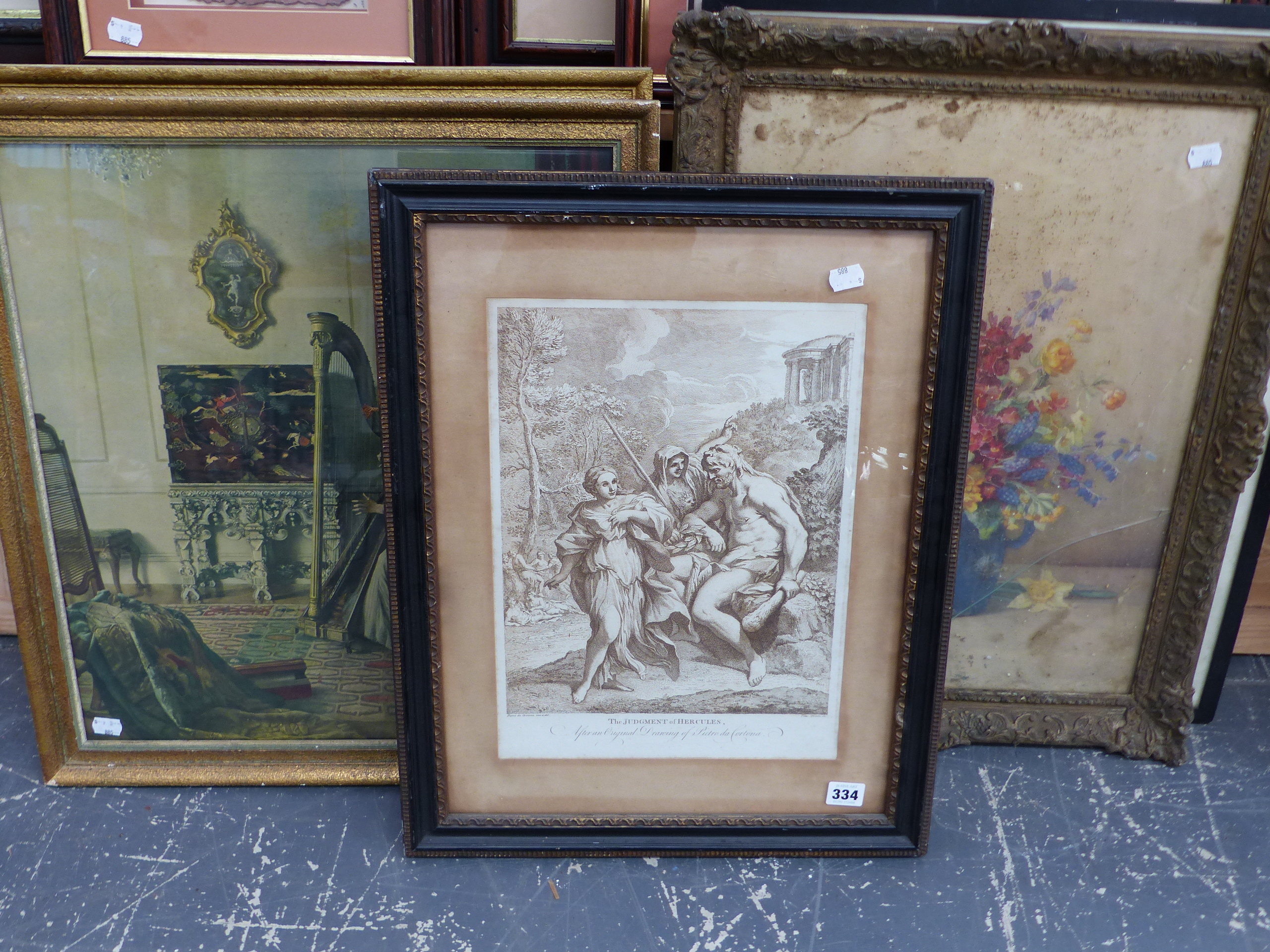 AFTER P. DE CORTONA, AN ANTIQUE PRINT THE JUDGEMENT OF HERCULES 38 x 28cm, TOGETHER WITH OTHER