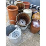 TWO CHIMNEY POTS, GARDEN PLANTERS, A COMPOSITE PLINTH, STONEWARE JARS AND A GALVANISED MOP BUCKET.