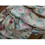 THREE TITLEY AND MARR FLORAL GLAZED CHINTZ CURTAINS, LINED AND INTERLINED WITH APPROXIMATELY 2 METRE