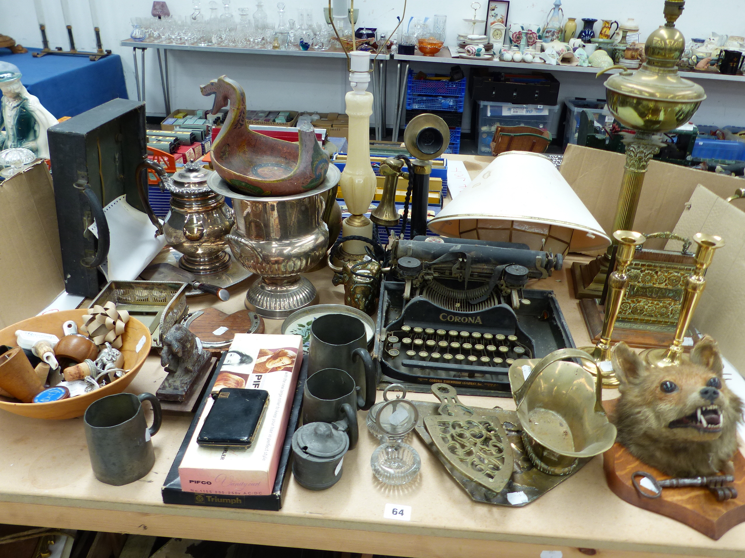 A VINTAGE CANDLESTICK TELEPHONE, A TAXIDERMY FOX MASK, A CORONA FOLDING TYPEWRITER AND OTHER VARIOUS