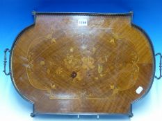 AN ANTIQUE FLORAL MARQUETRIED ROSEWOOD QUARTER VENEERED TRAY, TWO HANDLES TO THE DIAMOND DIAPER GALL