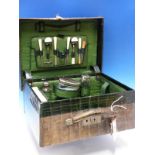 A VINTAGE GREEN CROCODILE DRESSING CASE FITTED WITH FOUR BOTTLES, A BRUSH AND A MANICURE SET, THE CA