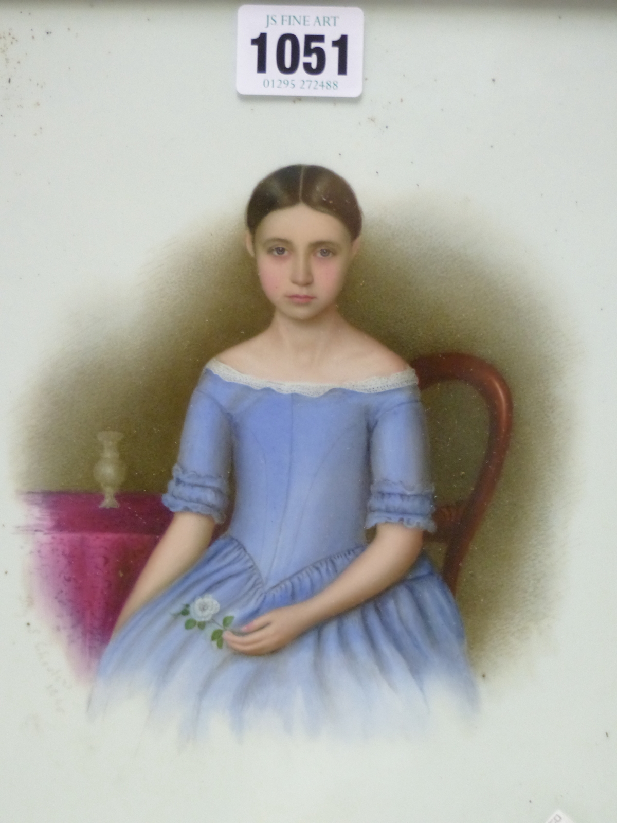 A GILT FRAMED PORTRAIT OF A DARK HAIRED GIRL ON MILK GLASS, SIGNED S CHESTERS 1848, SHE SITS BY A - Image 2 of 10