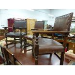 A SET OF SIX LEATHER UPHOLSTERED OAK 17th C. STYLE CHAIRS INCLUDING TWO WITH ARMS, EACH WITH