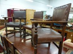 A SET OF SIX LEATHER UPHOLSTERED OAK 17th C. STYLE CHAIRS INCLUDING TWO WITH ARMS, EACH WITH