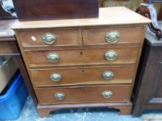 AN ANTIQUE UNPOLISHED MAHOGANY CHEST OF TWO SHORT AND THREE GRADED LONG DRAWERS ON BRACKET FEET. W