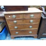 AN ANTIQUE UNPOLISHED MAHOGANY CHEST OF TWO SHORT AND THREE GRADED LONG DRAWERS ON BRACKET FEET. W
