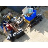 VARIOUS POWER TOOLS, TO INCLUDE A SMALL COMPRESSOR, TWO CASED ERBAUER SANDERS, BUILDERS TOOLS, ETC.