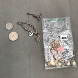 A SILVER CHARM BRACELET, VARIOUS SILVER AND OTHER COINAGE