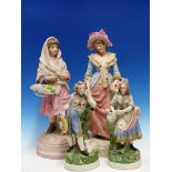 TWO ROBINSON AND LEADBETTER TINTED PARIAN FIGURES OF LADIES STANDING HOLDING BASKETS OF FLOWERS. H