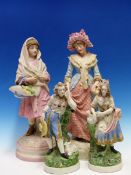 TWO ROBINSON AND LEADBETTER TINTED PARIAN FIGURES OF LADIES STANDING HOLDING BASKETS OF FLOWERS. H